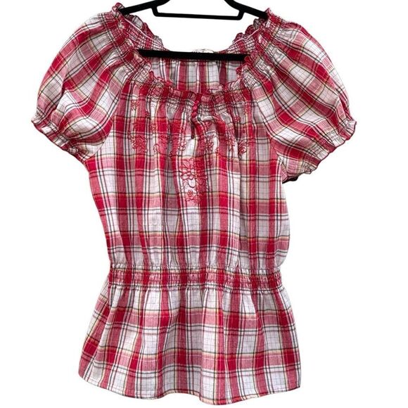 Cato Tops - Cato Women's Red Plaid Embroidered Ruffled Smock Top Size XL